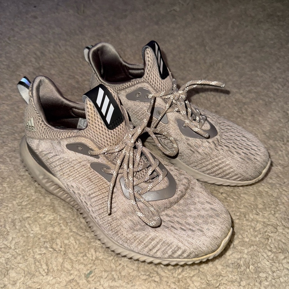 adidas Cream Athletic Shoes with Textured Knit Upper and Thick Sole